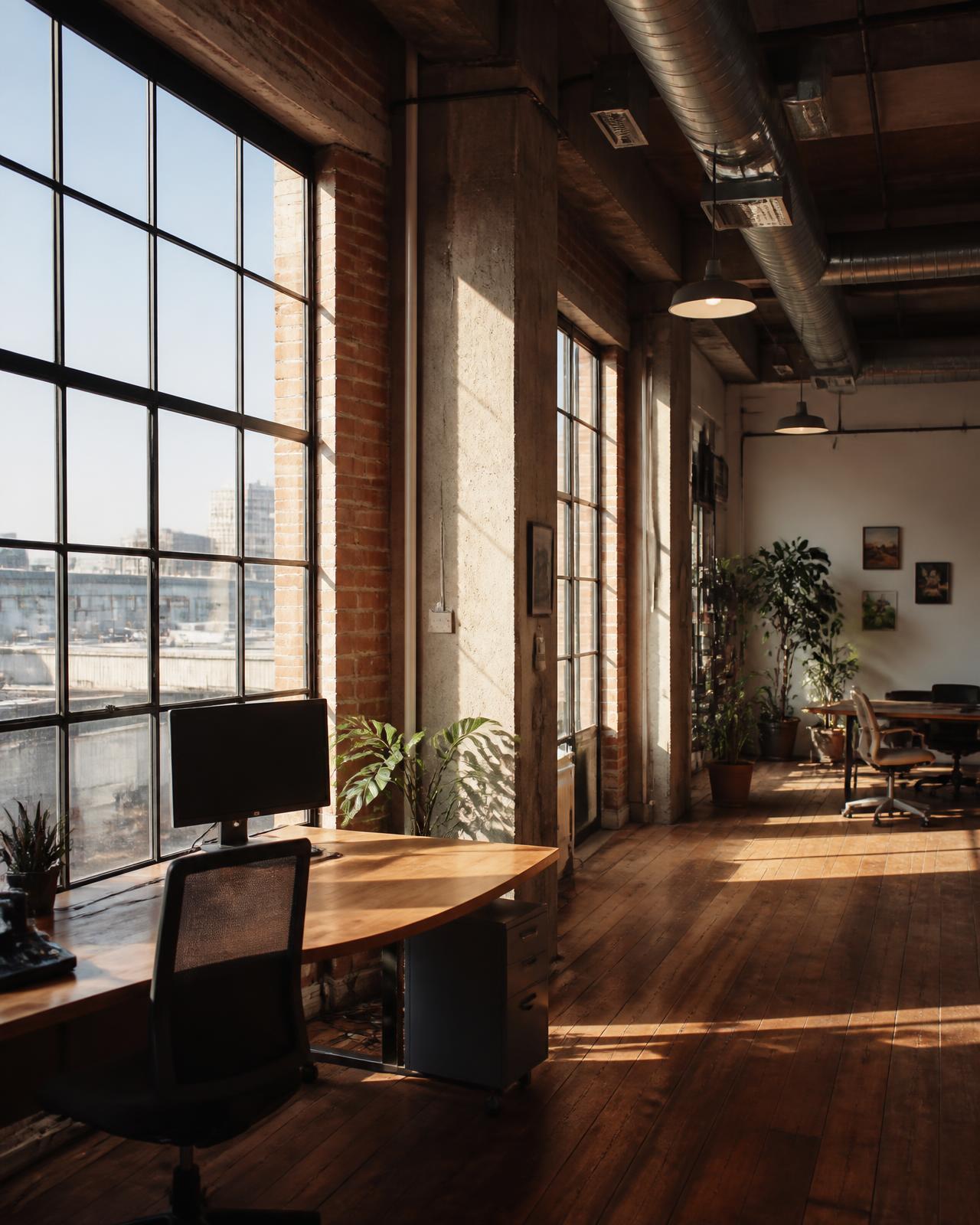 Queens loft interior — concrete columns, steel sash, high ceilings