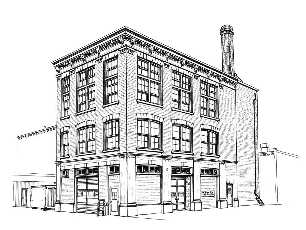 Ink sketch of a Greenpoint brick mill building